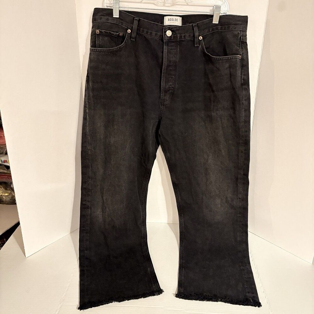 AGOLDE Lana Button Fly Black Straight Leg Jeans Size 32 Raw Hem